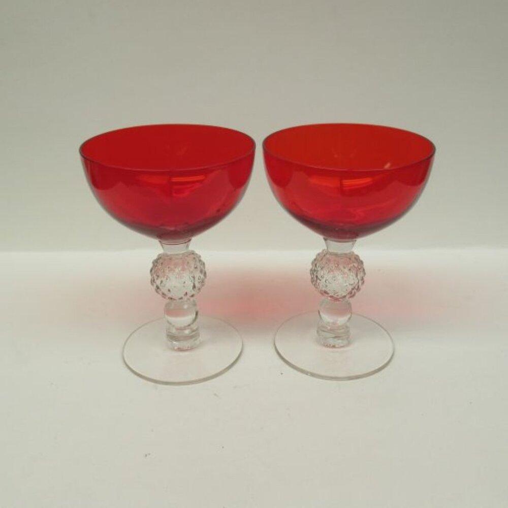 2 - Morgantown Glass Spanish Red Golf Ball Crystal Stem 4 7/8 Sherbet Champagnes